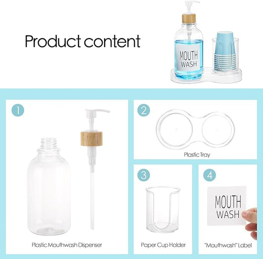 Mouthwash Dispenser for Bathroom, 16oz Plastic Mouthwash Dispenser with Cup Holder and Tray Mouth Wash Bottle Container - Clear