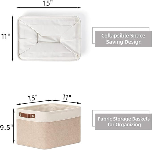 HNZIGE Fabric Storage Baskets for Shelves, Large Collapsible Storage Baskets for Organizing, Decorative Baskets Bins Set with Handles for Closet, Clothes,Home (3 Pack, White&Khaki,15" x 11" x 9.5")