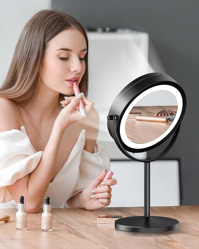 Gospire 7" Lighted Makeup Mirror with Magnification 10X/1X Double Sided, Round Magnifying LED Vanity Standing Cosmetic Shaving Mirror with Battery Operated, Cordless Portable for Bathroom Bedroom