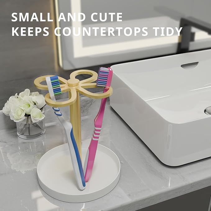 Metal Toothbrush Holders for Bathroom with 4 Slot Gold and White Tooth Brush Holder Stand and Non-Slip Base, Countertop Organizer for Family and Hotel,Compact Design