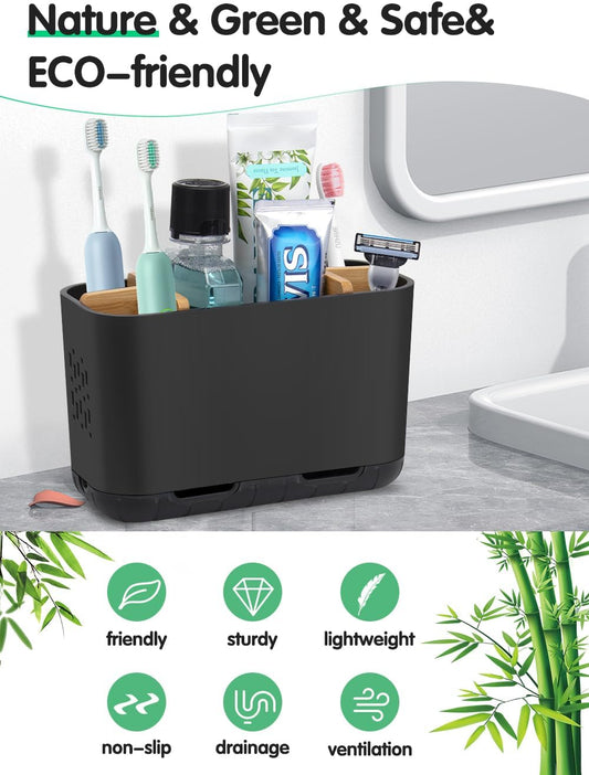 Black Toothbrush Holder, Bamboo Toothbrush and Toothpaste Holder with Drainage, Electric Kids Matte Black Toothbrush Holders Set Organizer for Bathrooms Countertop Accessories Storage