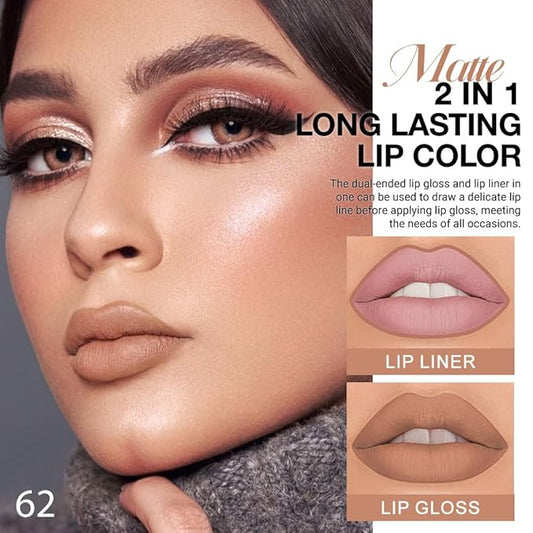 1Pcs 2 in 1 True Nude Matte Lip Liner and Liquid Lipstick Stain Makeup Set for women, True Nude Long Lasting Smudge Proof Lip Tint Matte Finish Lip Gloss for All-Day Color Hold Easy to Use 62#