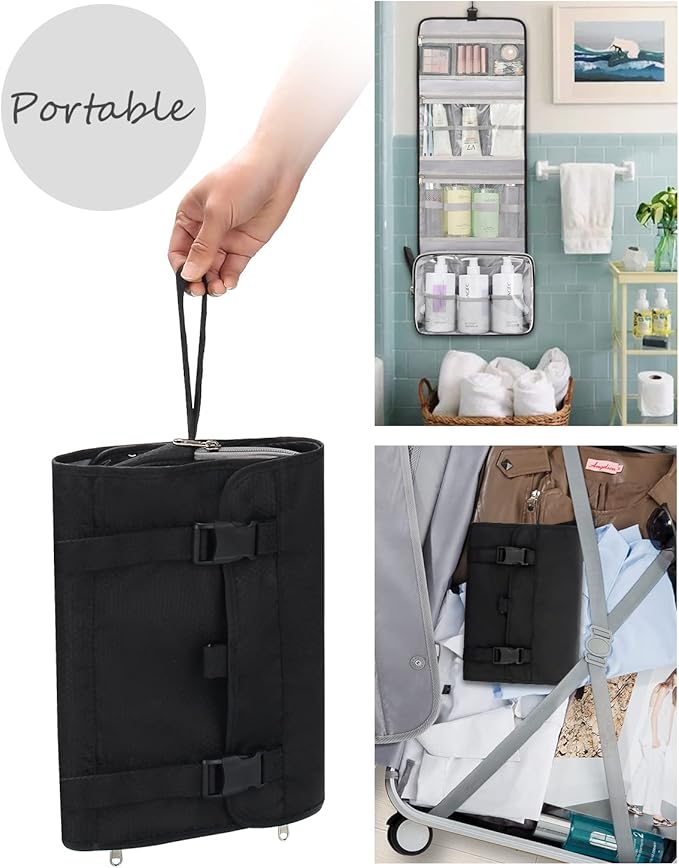 Relavel Travel Toiletry Bag for Men, Hanging Toiletry Bag for Women Makeup Cosmetic Storage Organizer Large Capacity Travel Kit Shaving Bag for Full Sized Container Black