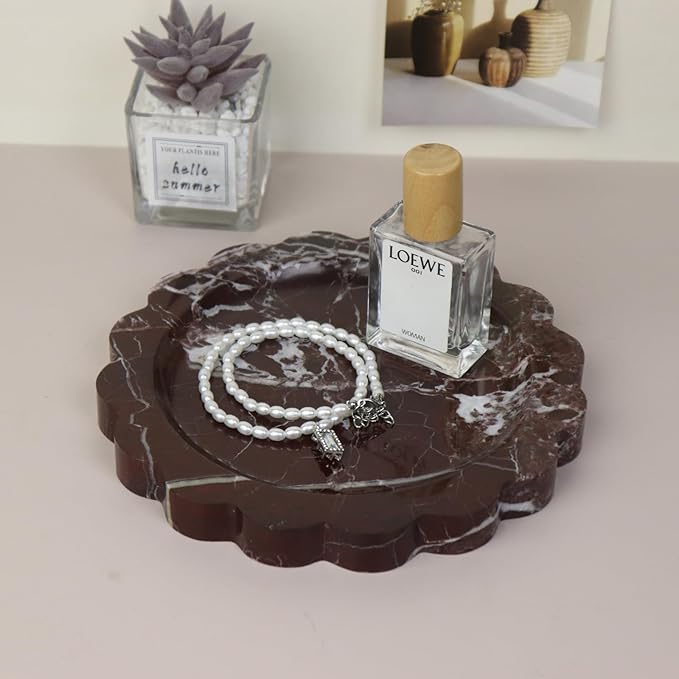Round Marble Decorative Tray with Scalloped Edge, Luxury Natural Stone Bathroom Vanity Tray, Dresser Top Perfume Coffee Home Kitchen Sink Tray, Key Trinket Ring