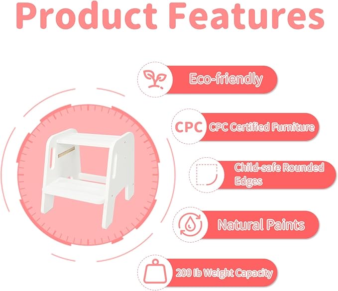 WOOD CITY Toddler Step Stool, Wooden 2 Step Stools for Bathroom Sink Potty Training Kitchen Dual Height Stool Helper for Kids Bonus Non-Slip Pads and Handles for Safety (2 Pack White)