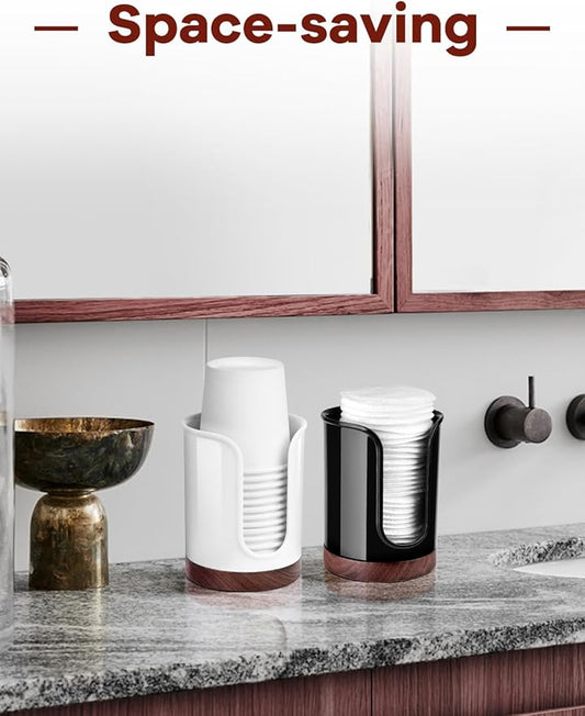 Premium Bathroom Cup Dispenser - Compact Cup Holder for Dixie 3 oz Cups, 3 4 Ounce Mouthwash Cup Dispenser - PC/Walnut, White, Pack of 2