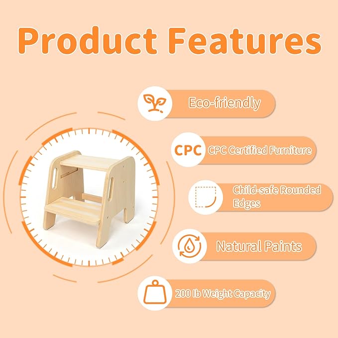 Step Stool for Toddler Kids Wooden – Height Adjustable 2-Step Ladder with Handles – Bathroom Sink Kitchen Bedroom Potty Training – Non-Slip Safety Design for Children 18 Months+