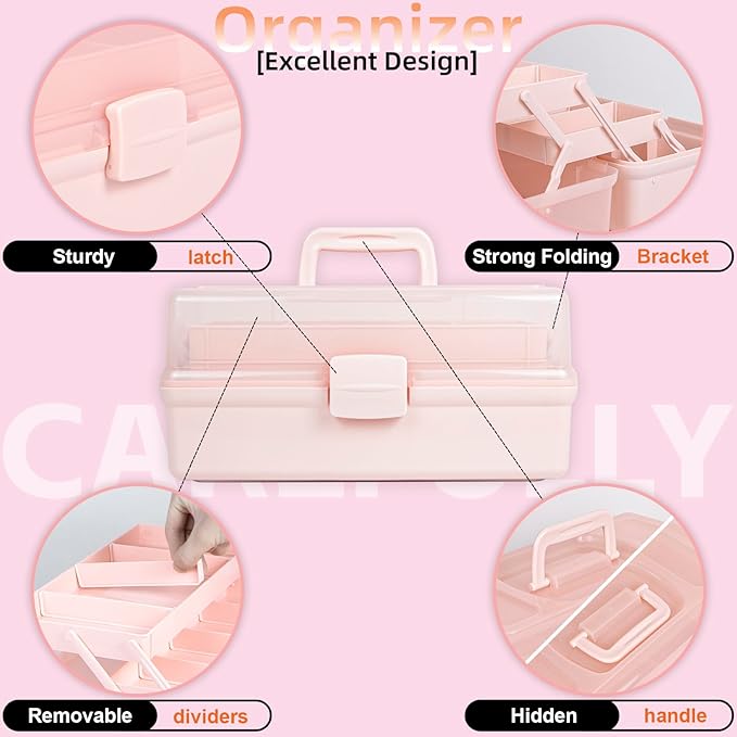 14in 3-Layer Multipurpose Craft Organizers and Storage with Adjustable Dividers, Portable Tackle Box, Folding Art & Craft Case for Medicine, Tool, Sewing Organizer (Pink, X-Large)