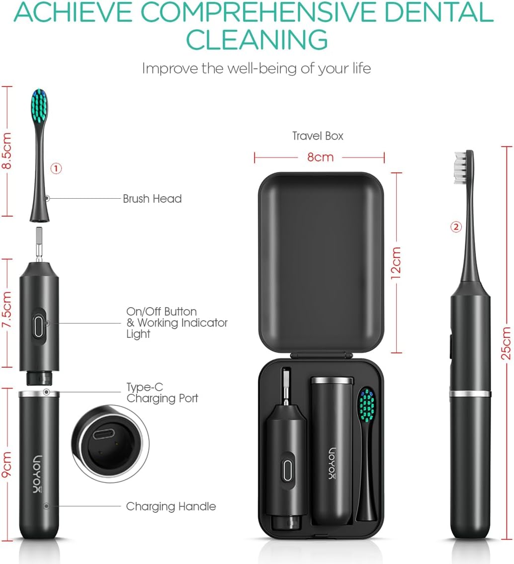 VOYOR-Health Travel Electric Toothbrush, Rechargeable Toothbrushes for Adults, Portable Sonic Toothbrush with 5 Modes, Three-Section Detachable Design with Travel Case ET410 (Black)