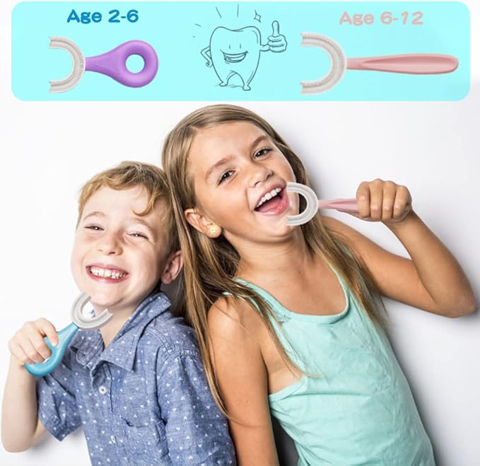 YOTEE U-Shaped Toothbrush Kids 2 PCS - Toddler Toothbrush with Food Grade Soft Silicone Brush Head, Manual Whole Mouth Tooth Brush for Kids Age 2-6(Purple+Yellow)