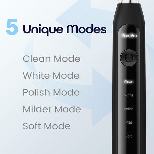 7AM2M Sonic Electric Toothbrush for Adults High Power Rechargeable Toothbrushes with 6 Brush Heads,5 Adjustable Modes, Built-in 2-Minute Smart Timer,3 Hours Fast Charge for 45Days Matte Black