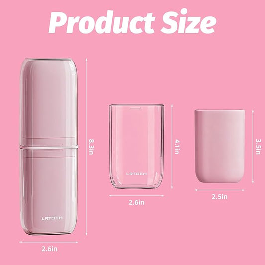 Toothbrush Cup Travel Case, Portable Toothbrush Travel Container Separates into 4 Cups, Tooth Brush Holders with Cover, Toothpaste Storage for Camping, Business Trip, School (Pink)