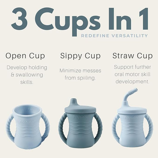 PandaEar Silicone Training Cup, 2 Pack Baby Drinking Sippy Cups with Handles & Straw for Baby and Toddler 6 Months+ (Dark Blue/Light Blue)