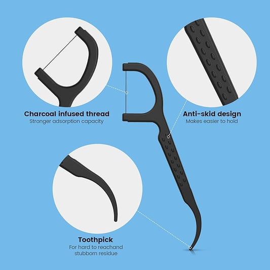 RAZOKO Natural Dental Floss Picks High Toughness Charcoal Toothpicks Sticks-Vegan,Eco-Friendly Sustainable Flossers for Teeth Cleaning 100 Count