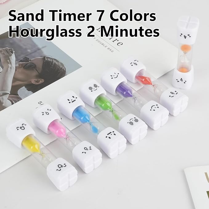 28PCS Brushing Teeth Timer Set, 7 Colors Colorful Hourglass Sand Clock,2mins Cute Smile Face Kids Sand Timer for Classroom Games Home Office,Smiling Toothbrush Timer for Kitchen Cooking, Decoration