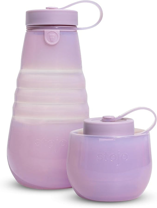 STOJO Collapsible Sports Water Bottle - Leak-Proof Reusable Silicone Travel Cup for Hot & Cold Drinks - Microwave & Dishwasher Safe - AS SEEN ON TODAY SHOW - Parent (Translucent Lilac)
