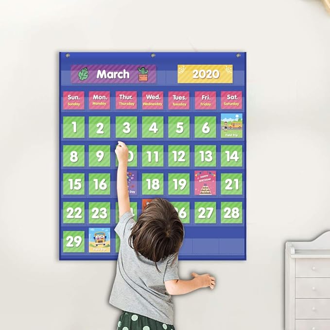 EAMAY Classroom Monthly Calendar Pocket Chart with 71 Cards for Kids Learning for Home,Blue
