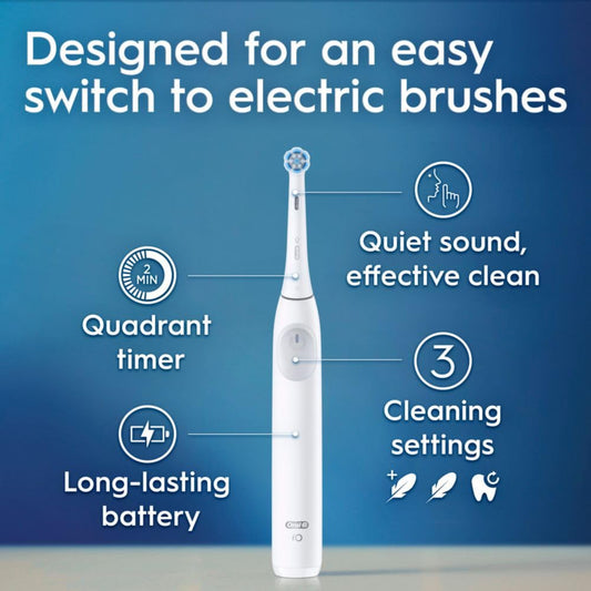 Oral-B iO Simple Clean Rechargeable Electric Powered Toothbrush, Pure White with 1 Gentle Care Brush Head and 1 White Travel Case - Automatic Pressure Sensor to Protect Gums - 3 Modes -2 Min Timer