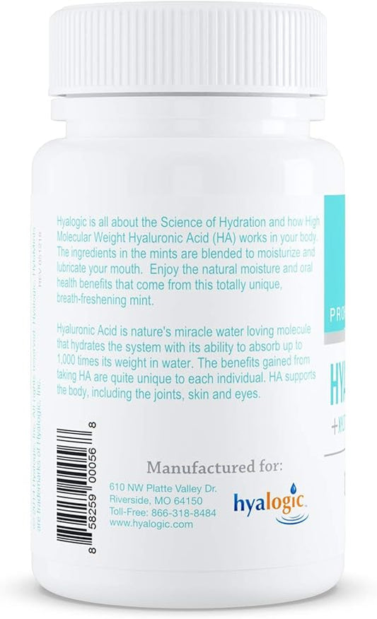 Hyalogic Oral Care Dry Mouth Mints - Hyaluronic Acid HA & Xylitol Lozenges for Hydration - Natural Mint Breath Freshener, Sugar-Free & Vegan Friendly (60 ct)