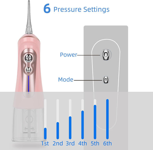 NBGRLVS Water Dental Picks for Teeth Cleaning,6 Modes 6 Tips and Storage Case Water Dental Flossers Cordless 320ML IPX 7 Waterproof Rechargeable Portable Electric Dental flosser for Trave Home (Pink)