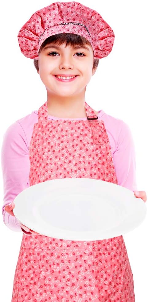 Kids Apron and Chef Hat Set, Adjustable Cotton Child Aprons with 2 Pockets Cute Girls Boys Kitchen Bib Aprons for Cooking Baking Painting