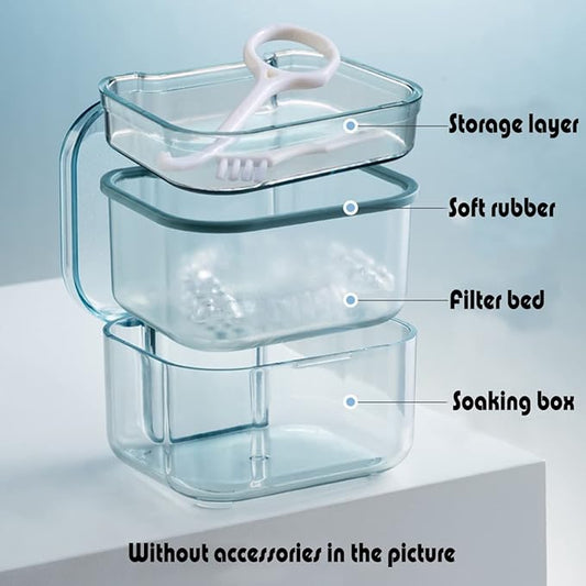 MURRI&MURRDI Retainer Case, Denture Bath Box with Strainer Basket, Mouth Guard Case, Braces Cleaner Cup, Cute Denture Cleaning Holder for Travel Retainer Storage Soak Container (B Blue)