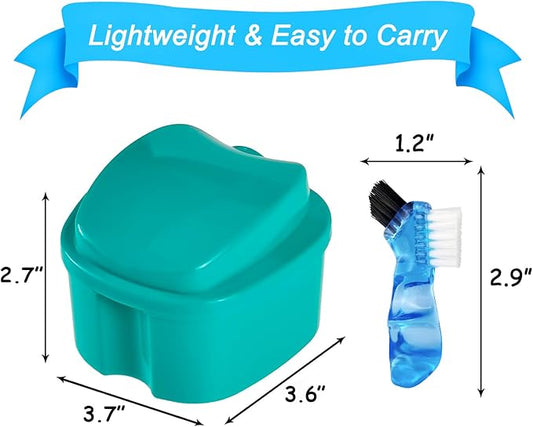 2 Pack Color Retainer Cleaner Case Denture Cups for Soaking Dentures, False Teeth Container Partial Denture Cleaning Case with Lid Travel - Lake Green and Dark Blue