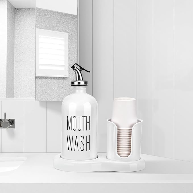 Mouthwash Dispenser for Bathroom,BYAWAY Mouthwash Dispenser with Cup Holder,14 Mouthwash Cups and Funnel,Refillable Glass Mouthwash Container (White)