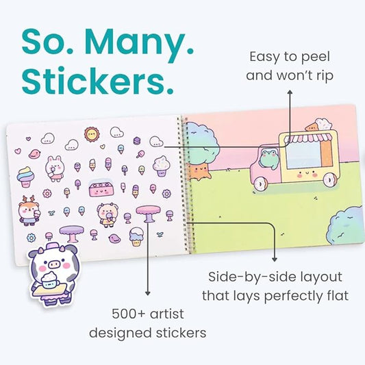 Girly Sticker Book Activity for Kids, Cute Foods Around Town by Cupkin, Toddler Airplane Travel Essentials, 500+ Stickers for Kids 12 Scenes + Coloring Book Pages, Crafts Ages 2-8