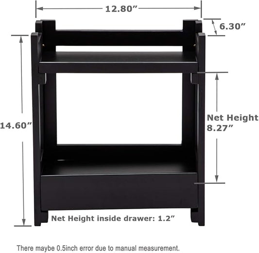 GOBAM Bamboo Makeup Organizer with Drawer, Black Vanity Storage Box, Multi-Purpose Storage for Skincare, Toiletries and Desktop, 2-Tier Countertop Organizer Shelf for Bathroom, Kitchen, Office