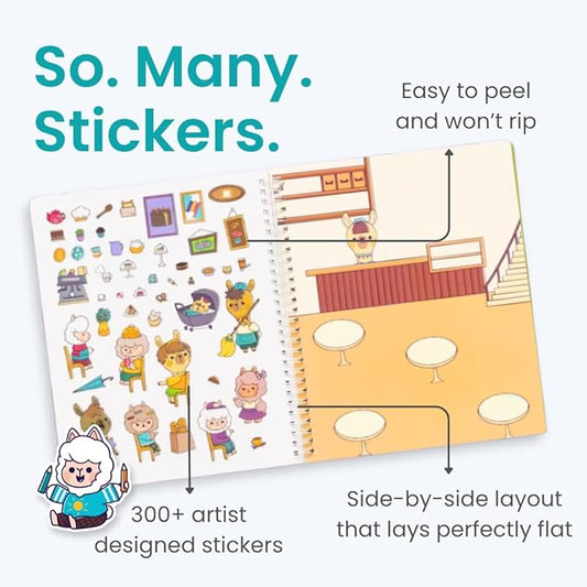 Cupkin Llama Sticker Book Activity for Kids, Toddler Airplane Travel Essentials, 300+ Llama Stickers for Kids + 12 Scenes + 12 Coloring Book Pages, Animal Lover Gift, Children's Crafts Ages 2-8