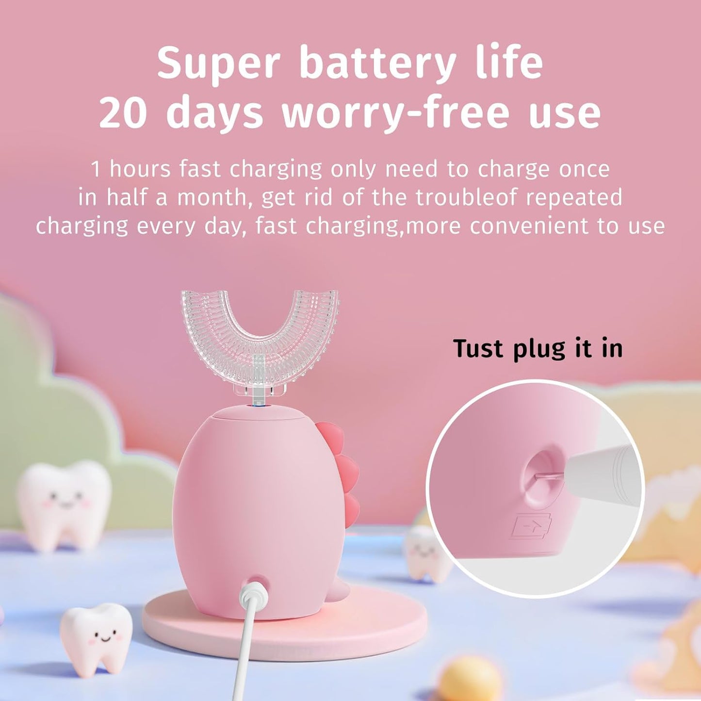 Kids U Shaped Electric Toothbrush,auto Sonic Baby Toothbrush,Cartoon Dinosaur 360-Degree Cleaning IPX7 Waterproof Design(8-15y, Pink)