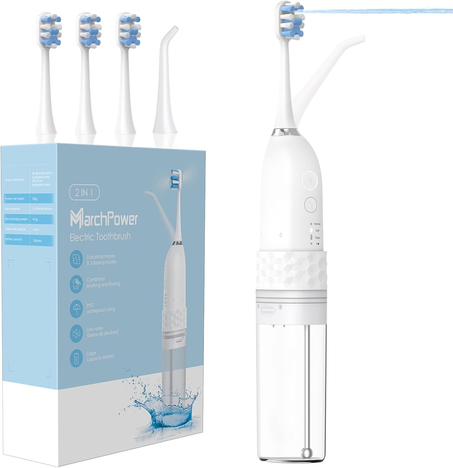 Marchpower Upgraded 2-in-1 Electric Toothbrush with Water Flosser, 3+4 Smart Modes,Portable Oral Irrigator with Point-Jet, Rechargeable IPX7 Waterproof for Home & Travel Use,White