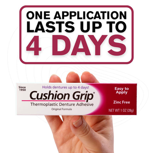 Cushion Grip Thermoplastic Denture Adhesive 1oz (5 Pack)–Extra Strong Hold Up to 4 Days, Unmatched Strength, Waterproof & Zinc Free, Relieves Sore Gums, Comfortable Refit, Long Lasting Denture Refit