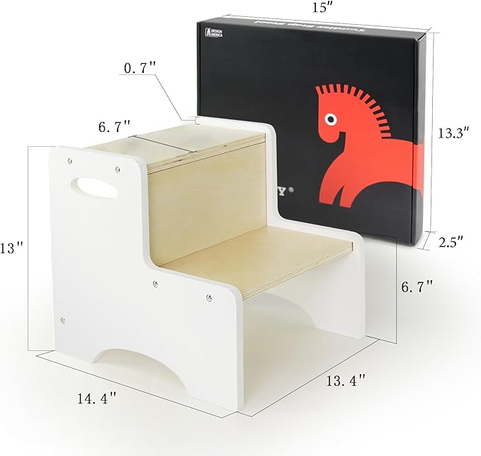 WOOD CITY Kids Step Stool for Toddler, Wooden White-Natural Patchwork Two Step Children's Stools with Handles, Bonus Non-Slip Pads for Safety, Bathroom Potty Stool & Kitchen Step Stools Dual Height