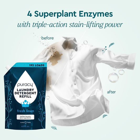 Puracy Laundry Detergent Refill - Enzyme-Powered Liquid Laundry Detergent Concentrate, Natural Laundry Detergent Seen on TikTok, Non-Toxic (Fresh Linen, 48 fl oz, 192 Loads)