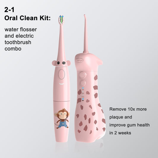 2-1 Kids Oral Clean Kit- Water Dental flosser & Electric Toothbrush Combo for Kids-Brushing & Flossing-Safe & Effective -Cute Giraffe and Monkey Theme