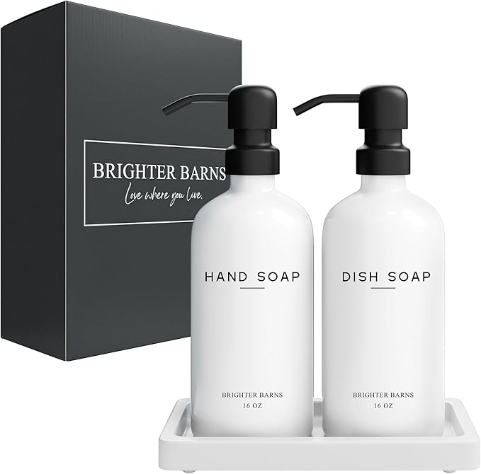 White Glass Hand and Dish Soap Dispenser Set by Brighter Barns - Kitchen Soap Dispenser Set with Tray for Kitchen, Home or Vacation Rental - Modern Kitchen Decor & Accessories (White)