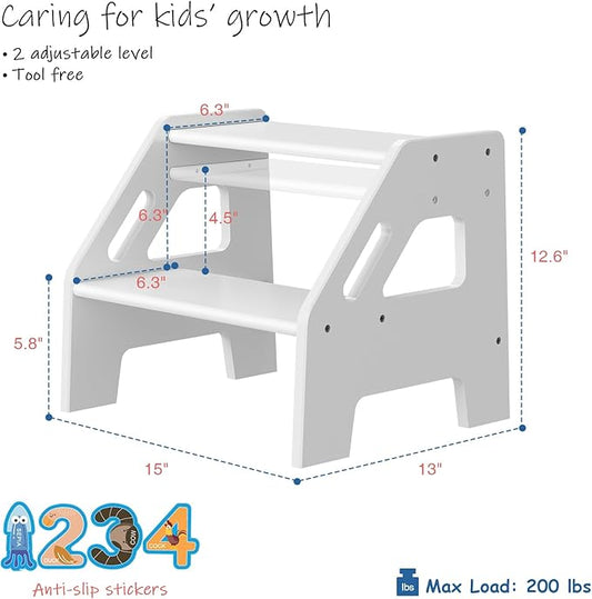 White Wood Toddler Step Stool for Bathroom Sink, 2 Step Kids Stool for Toilet Potty Training, Baby Child Stepping Stool with Handles for Toddlers Nursery Kitchen Counter (White)