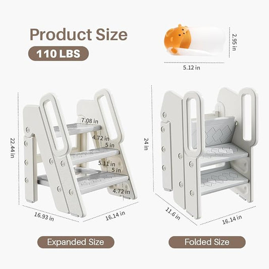 Foldable Toddler Step Stool, Adjustable 2-3 Step Kids Step Stools for Bathroom Sink, Potty Training Toilet, Child Kitchen Counter Standing Tower, Plastic Ladder Helper Stool for Bedroom
