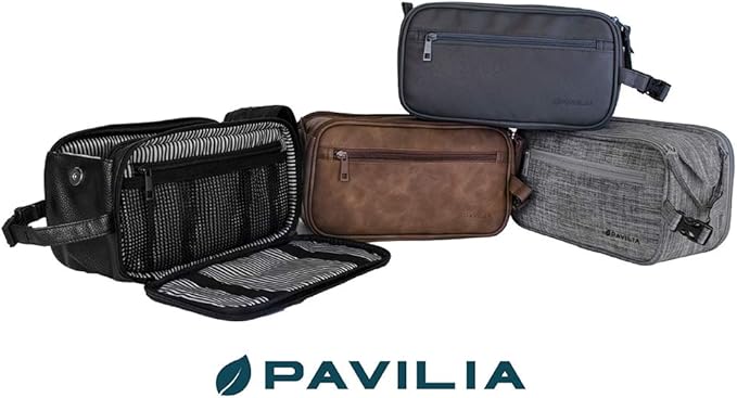 PAVILIA Toiletry Bag for Men, Travel Essentials Shaving Dopp Kit, Mens Travel Bag Toiletries Organizer Case for Grooming, PU Leather Water Resistant Cosmetic Bag Pouch (Dark Brown)