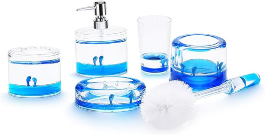 Locco Decor 5 Piece Acrylic Liquid 3D Floating Motion Bathroom Vanity Accessory Set Ocean Cartoon Animal Theme Dolphin Toothbrush Holder, Tumbler, Soap Dispenser, Soap Dish, Toiletbrush Holder Set