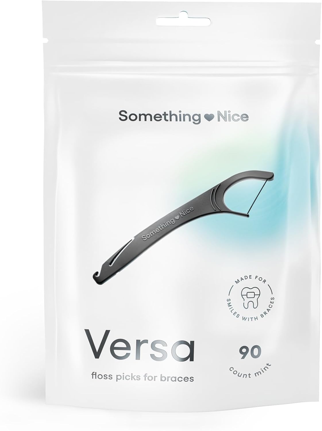 SOMETHING NICE Versa Floss Picks for Braces - Mint Flavored Flossers with Rubber Band Hook & Tongue Scraper, Braces Floss Picks with Xylitol for Protection 90-Pack