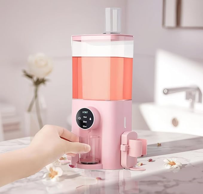 J.C&T Automatic Mouthwash Dispenser for Bathroom,22 FlOz Dispensers with Magnetic Cups,Toothbrush Holders Wall Mounted Adjustable Dispensing Levels,Suitable for All Age Groups,Pink