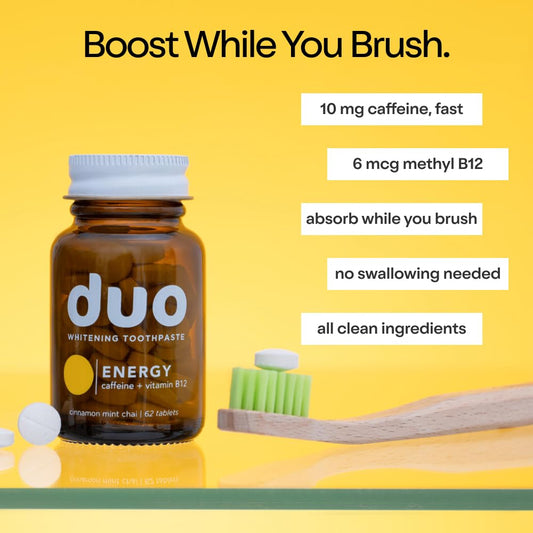 Duo Energy Toothpaste Tablets | Caffeine + B12 w/Nano-Hydroxyapatite (nHa) - Whitening, Remineralize & Reduce Sensitivity | Sustainable & Plastic Free | Cinnamon Mint Chai, 1 BTL/62 Tablet