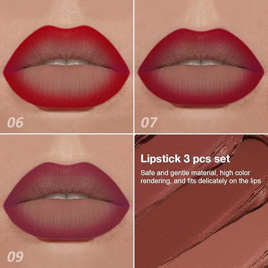 evpct 3Pcs Ruby Plum Red Mauve Gradient Matte Lipstick Lip Liner Crayon Combo Pencil Set for Women Long Lasting, Cream Lipliner and Lipstick Combo Makeup Set, Flawless Gradual Lip Bar Ombre Effect