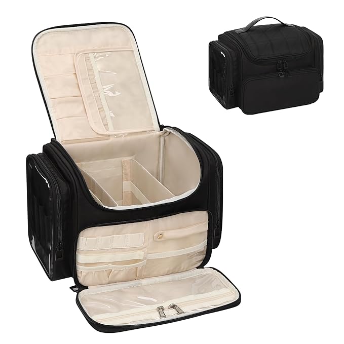 Large Makeup Bag with Jewelry Organizer, Travel Toiletry Bag for Women Girls with Makeup Brush Compartment & Two Side Pockets - XL Black