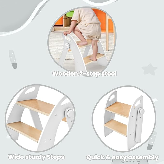 Wooden Step Stool, 300 lb. Load Capacity, with Safety Non-Slip Pads and Handles, Bamboo Step Stool for Bathroom and Kitchen, Gift for Christmas (White)