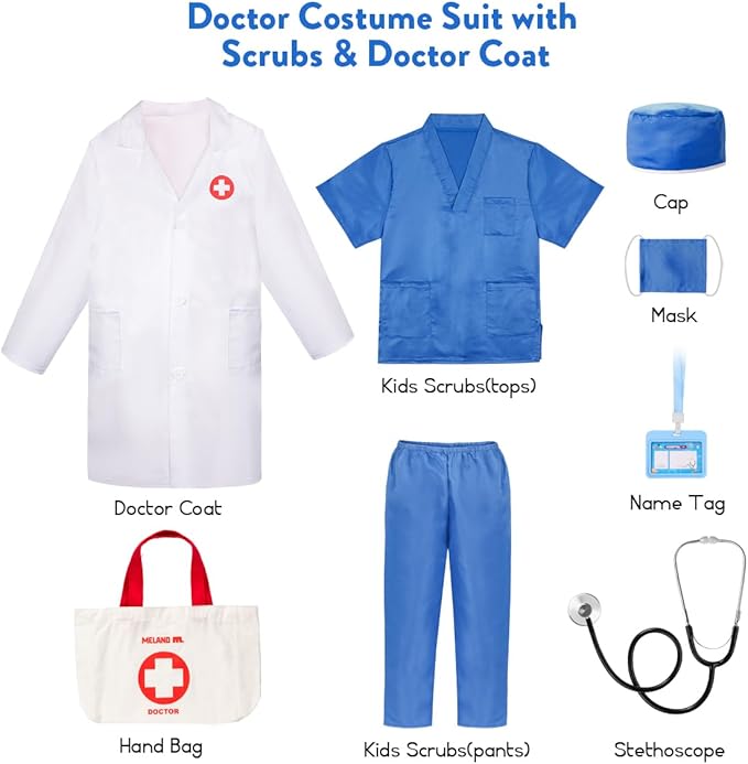 Meland Doctor Costume for Girls - Kids Scrubs with Lab Coat & Carry Bag, Doctor Dress Up for Halloween, Career Day Role Play