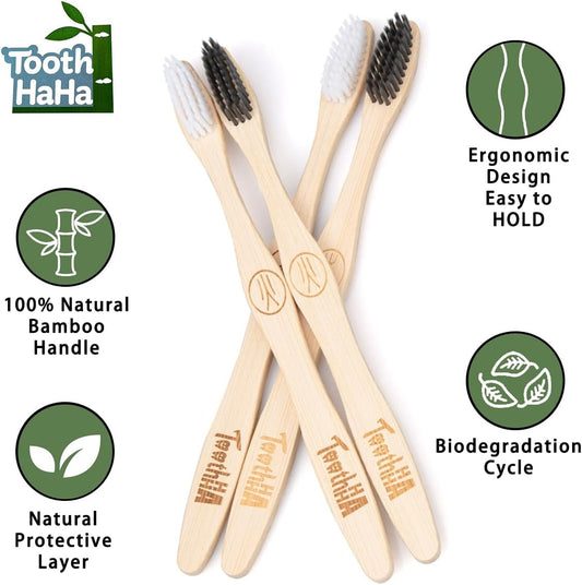 Bamboo Toothbrush Individually Sealed 10 Count, BPA-Free Soft Bristles Toothbrushes for Adults, Eco-Friendly, Natural Charcoal Wooden Toothbrush